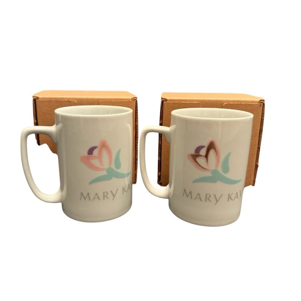 NEW Mary Kay Bundle of (2) Mugs White with Flower Floral Mary Kay Logo Mug